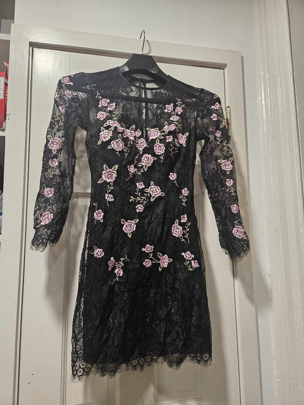 Black Lace Mini Dress with Pink Rose Embroidery